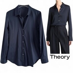 THEORY DARK BLUE BUTTON DOWN LONG SLEEVED TOP SHIRT  SZ M